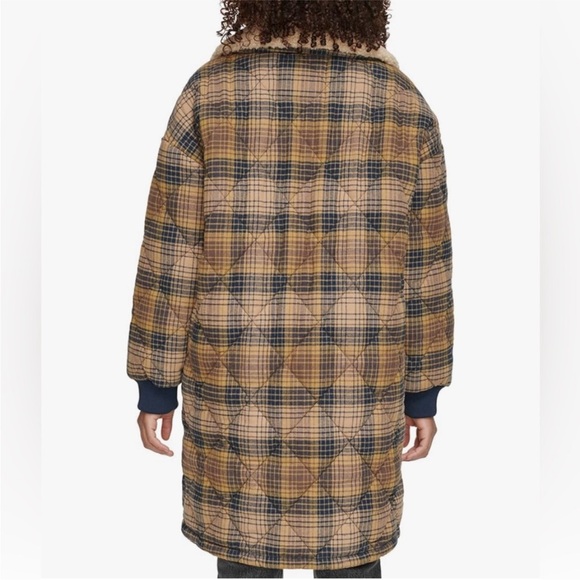 NWT Levi's Quilted Cocoon double breasted lined plaid Coat Sherpa collar medium - Picture 2 of 14